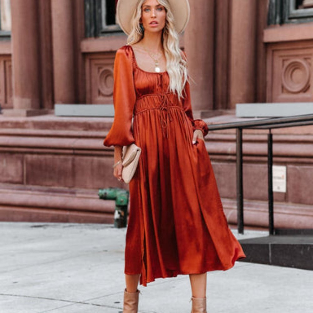 Lush Pines Satin Pocketed Drawstring Midi Dress